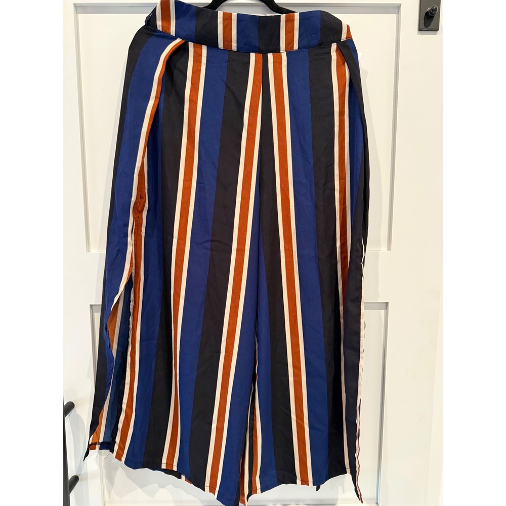 Oubeini Striped Wide Leg Palazzo Pants Navy Blue Rust Orange Side Slit XL